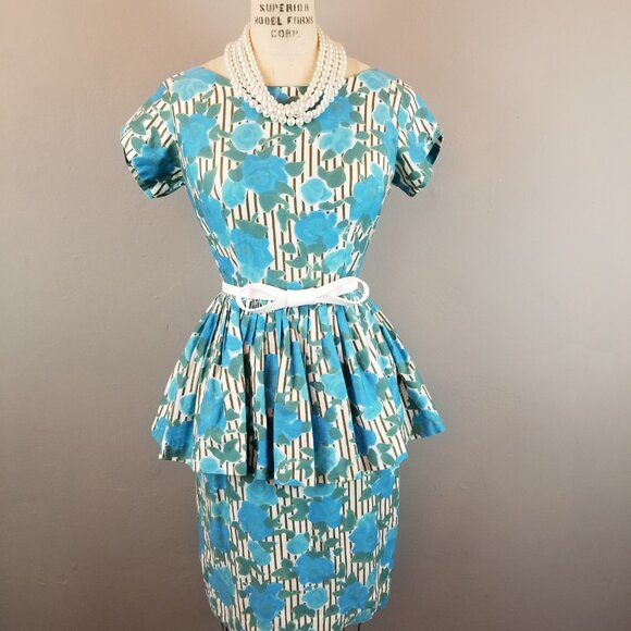 Vintage 1950's Blue Green Roses Striped Background Wiggle Dress with Peplum - Picture 3 of 12
